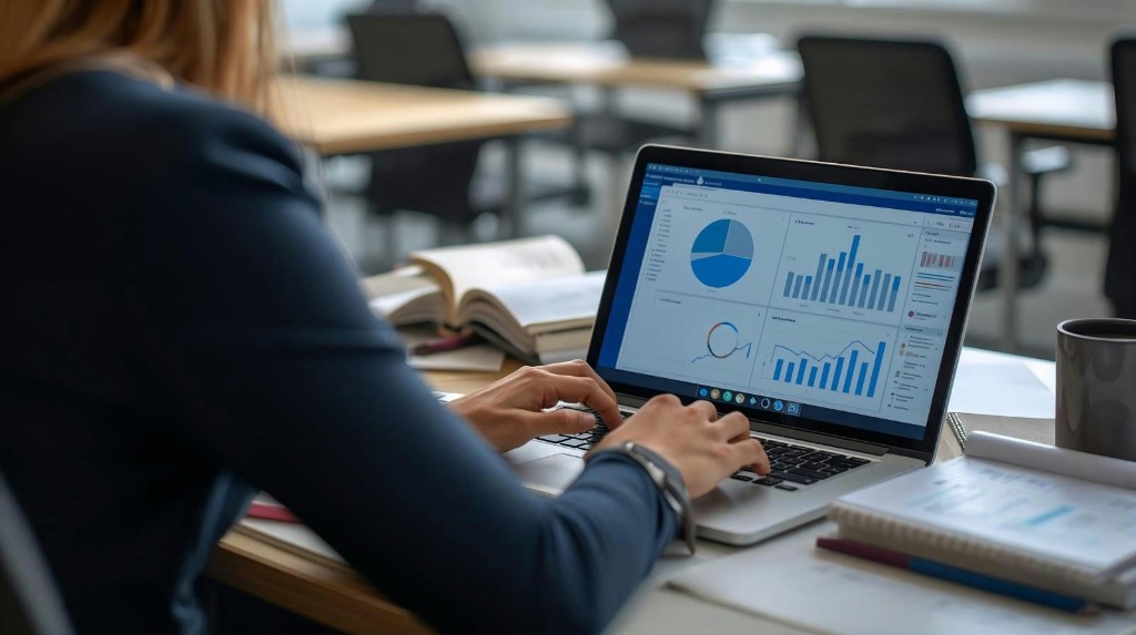 Student analyzing financial dashboard on laptop